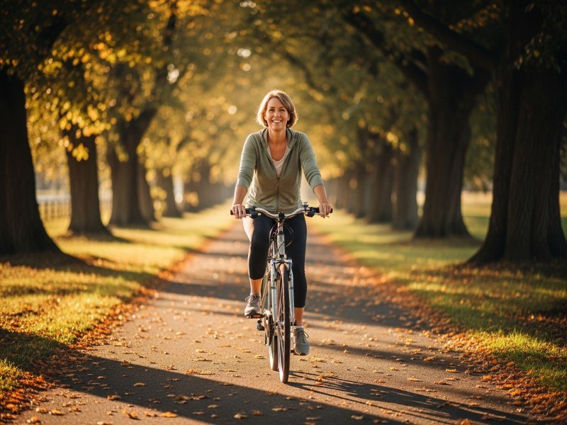 Woman cycling on a tree-lined path — steady daily routine supported by compounded liraglutide GLP-1 therapy from ZynoxRX
