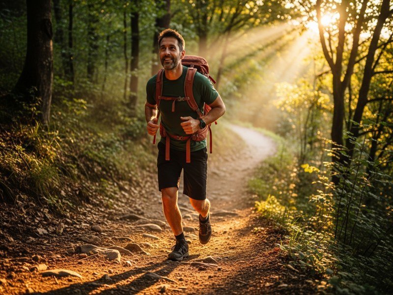 Man hiking a sunlit trail with energy and confidence — active lifestyle supported by compounded tirzepatide dual GIP/GLP-1 therapy from ZynoxRX